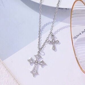 Silver Layered Double Cross Necklace Rhinestone Pendant Y2K Gothic Women Jewelry